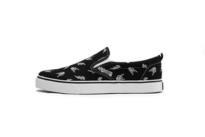 bolted bones canvas slip on shoes for kids with black and white skull and lightening bolt pattern, rocker style kids sneakers, elastic slip on design, little rocker clothing footwear