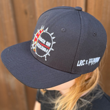 Frank Zummo collaboration with Little Rocker Clothing snapback hat with drum graphic and rock on forever phrase, edgy rock style kids hat with adjustable fit, music inspired youth apparel accessory