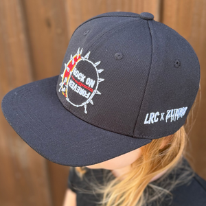 Frank Zummo collaboration with Little Rocker Clothing snapback hat with drum graphic and rock on forever phrase, edgy rock style kids hat with adjustable fit, music inspired youth apparel accessory