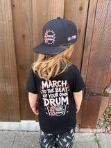 Frank Zummo collaboration with Little Rocker Clothing snapback hat with drum graphic and rock on forever phrase, edgy rock style kids hat with adjustable fit, music inspired youth apparel accessory