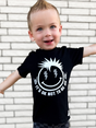 toddler boy wearing black kids graphic t-shirt with it's okay to not be okay, mental health awareness, little rocker clothing rock style outfit 