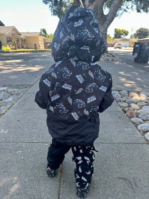 Back side of the Kids Beast Mode black windbreaker jacket with all over graphic print, lightweight rocker style outerwear for kids with zip front and hood
