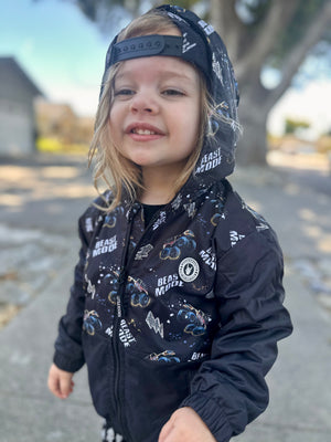 Kids Beast Mode black windbreaker jacket with all over graphic print, lightweight rocker style outerwear for kids with zip front and hood