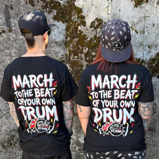 frank zummo and little rocker clothing collab tshirt with march to the beat of your own drum 