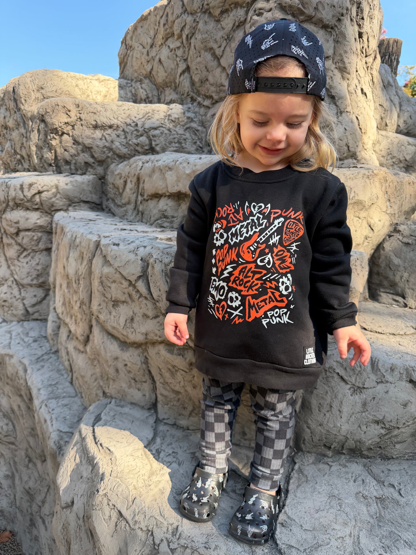scene sampler crew neck sweatshirt for kids and adults with pop punk alt rock metal emo graphic design, rocker style apparel, little rocker clothing