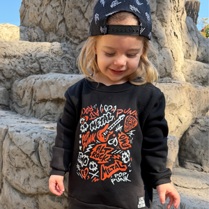 Girl wearing the scene sampler crew neck sweatshirt for kids and adults with pop punk alt rock metal emo graphic design, matching family rocker outfits, black music inspired sweatshirt little rocker clothing