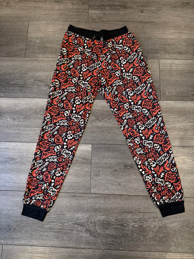 Adult size bamboo pajamas pant joggers with rock inspired red and black design. 