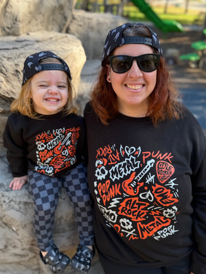 matching outfits with the scene sampler crew neck sweatshirt for kids and adults with pop punk alt rock metal emo graphic design, matching family rocker outfits, black music inspired sweatshirt little rocker clothing