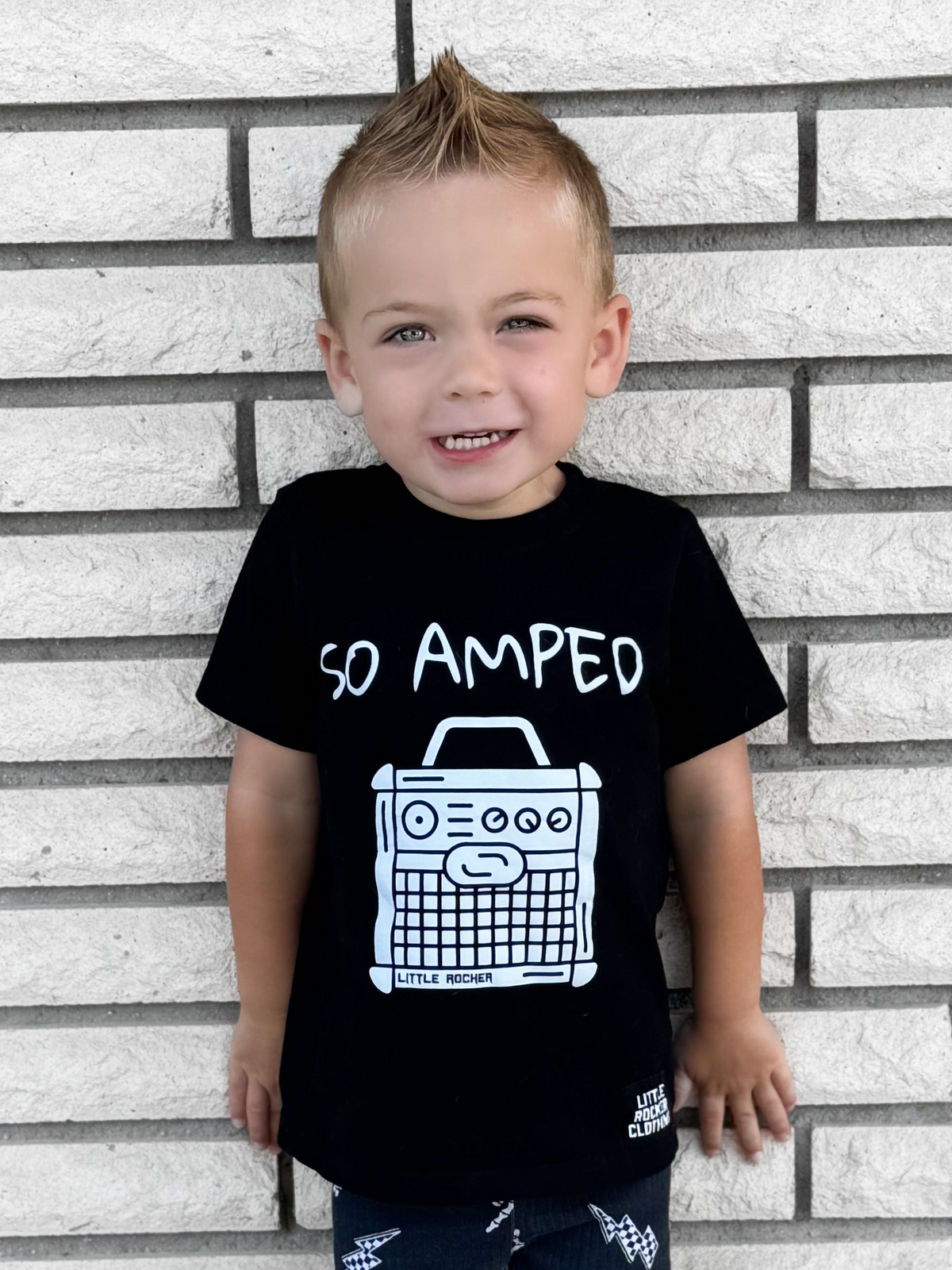 black kids graphic t-shirt with guiar amp little rocker clothing rock style outfit for toddlers and kids