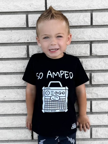 black kids graphic t-shirt with guiar amp little rocker clothing rock style outfit for toddlers and kids