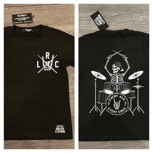Black Little Rocker Clothing kids t-shirt featuring crossed drumsticks LRC logo on front and skeleton drummer graphic on back with “Every Age Every Stage” design