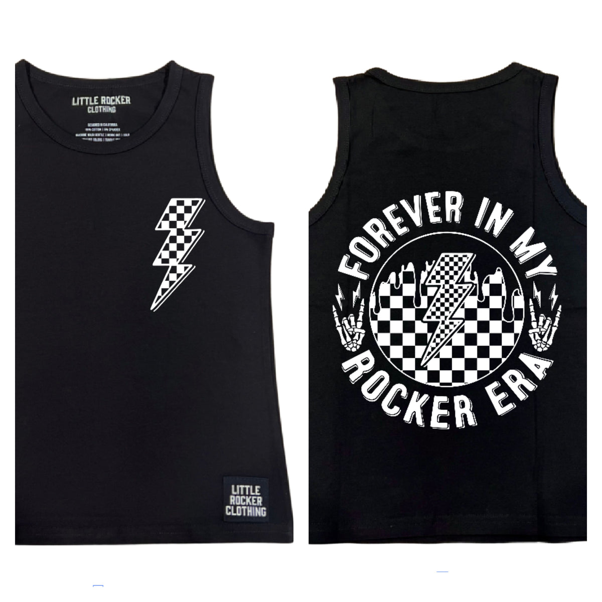 black little rocker clothing tank top with forever in my rocker era checkered lightening bolt rocker inspirated design