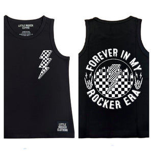 black little rocker clothing tank top with forever in my rocker era checkered lightening bolt rocker inspirated design