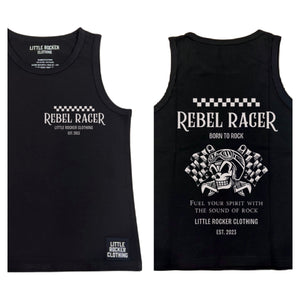 Kids size Black Rebel Racer tank top for kids with white racing graphic, skull engine design, and checkered detail, Little Rocker Clothing