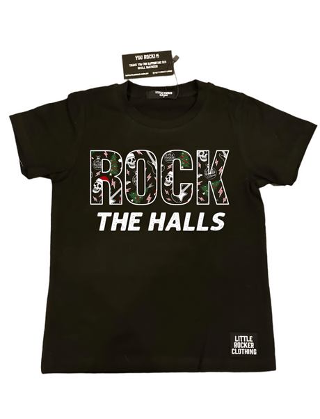 lay flat of rock the halls christmas theme black tshirt for kids from little rocker clothing