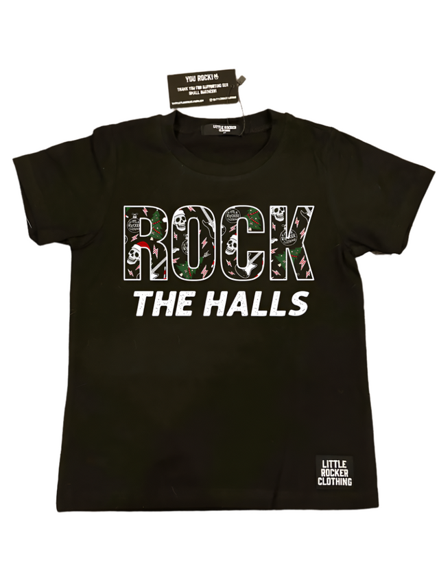lay flat of rock the halls christmas theme black tshirt for kids from little rocker clothing