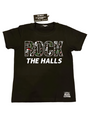 lay flat of rock the halls christmas theme black tshirt for kids from little rocker clothing