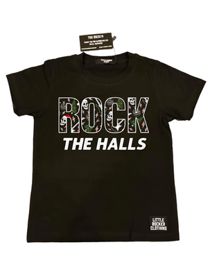 lay flat of rock the halls christmas theme black tshirt from little rocker clothing