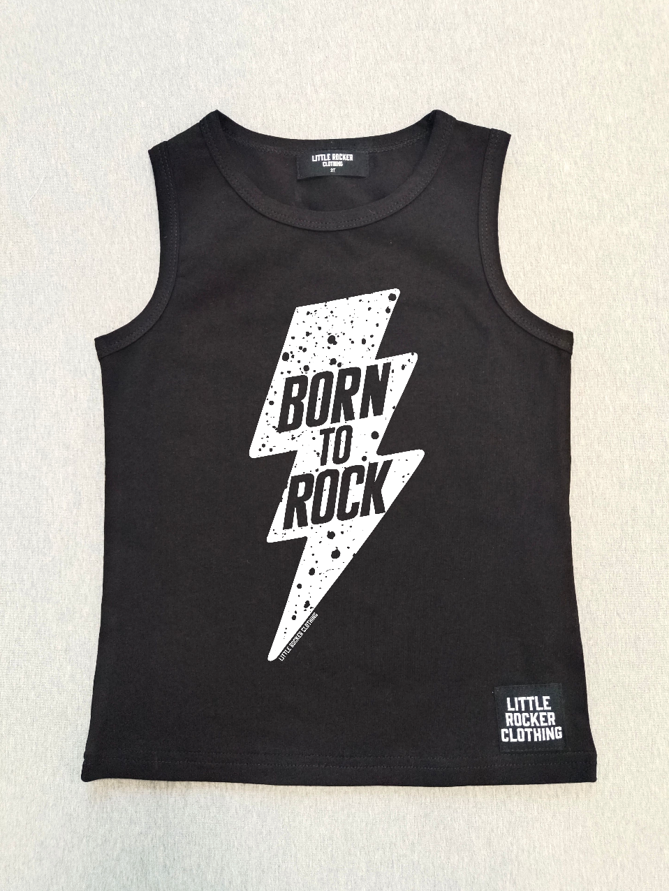 little rocker clothing black tank top with born to rock in a lightening bolt