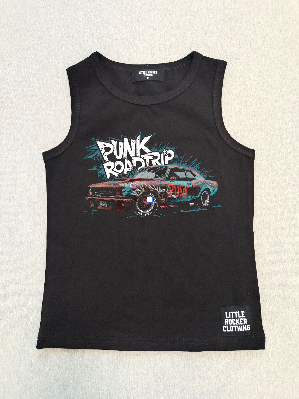 black little rocker clothing tank top with classic car and punk rock road trip rocker design