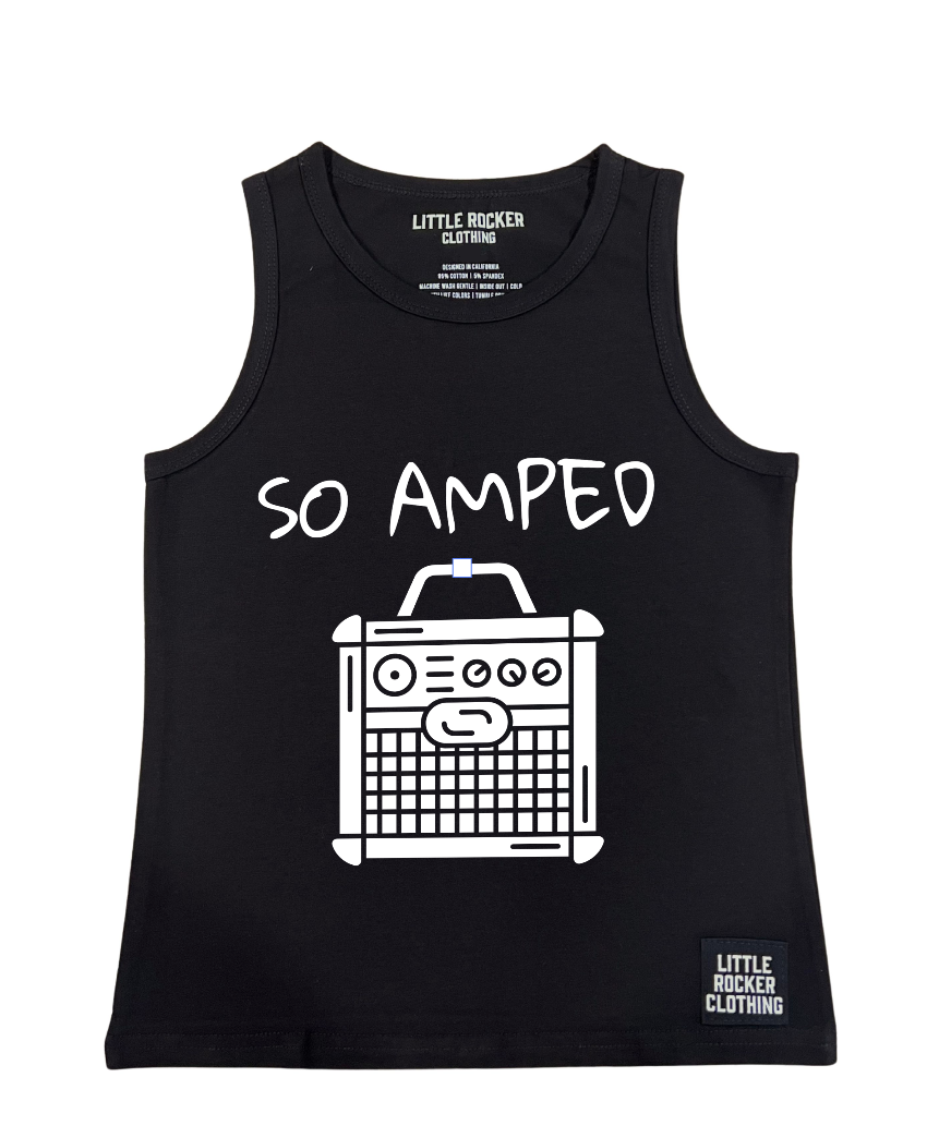 kids black tank top featuring a guitar emp and the phrase so amped, rocker sleeveless shirt