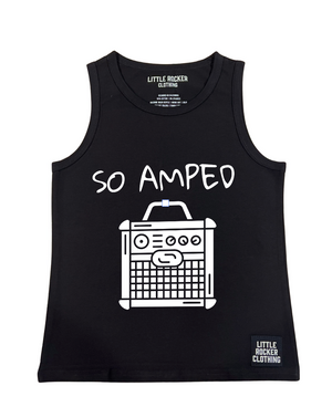 kids black tank top featuring a guitar emp and the phrase so amped, rocker sleeveless shirt