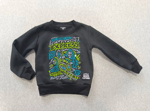 Layflat of the Kids black Scene Sampler crew neck sweatshirt featuring pop punk, emo, and alt rock graphic with train illustration, rocker style kids apparel