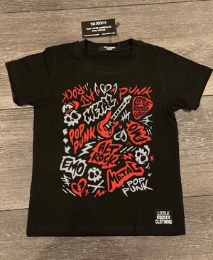 Lay flat of the scene sampler tee for kids and adults with pop punk alt rock metal emo graphic design, rocker style apparel, little rocker clothing