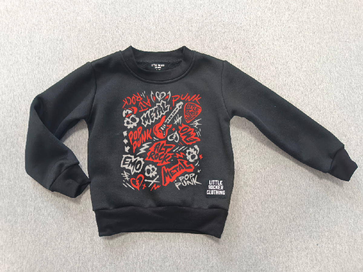 Lay flat of the scene sampler crew neck sweatshirt for kids and adults with pop punk alt rock metal emo graphic design, rocker style apparel, little rocker clothing
