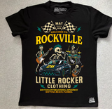 Lay flat of the official welcome to rockville kids graphic tee collaboration, rock festival band style t shirt for kids, black rocker tee with bold music design, little rocker clothing festival apparel