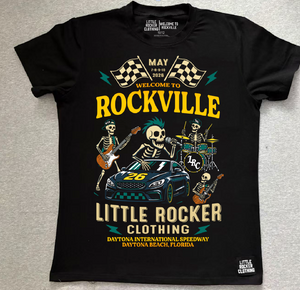 Lay flat of the official welcome to rockville kids graphic tee collaboration, rock festival band style t shirt for kids, black rocker tee with bold music design, little rocker clothing festival apparel