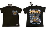 Little Rocker Clothing world tour shirt featuring tour bus graphic and rockstar design, rocker inspired kids graphic tee with soft comfortable fit, oversized style available in sizes 0-3 month to 10/12