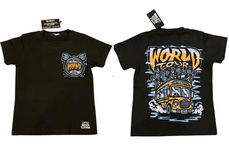 Little Rocker Clothing world tour shirt featuring tour bus graphic and rockstar design, rocker inspired kids graphic tee with soft comfortable fit, oversized style available in sizes 0-3 month to 10/12