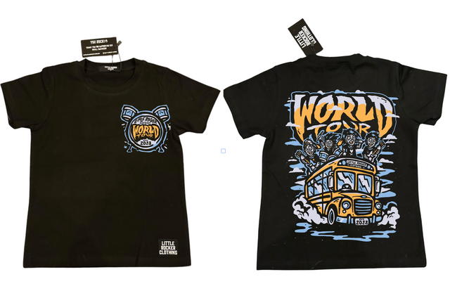 Little Rocker Clothing world tour shirt featuring tour bus graphic and rockstar design, rocker inspired kids graphic tee with soft comfortable fit, oversized style available in sizes 0-3 month to 10/12