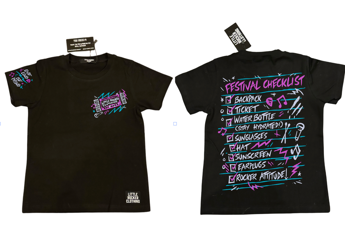 Little Rocker Clothing festival checklist shirt for kids featuring concert inspired graphic design, rocker style kids tee with soft comfortable fit, available from infant onesie to size 10/12