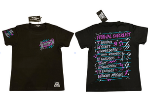 Little Rocker Clothing festival checklist shirt for kids featuring concert inspired graphic design, rocker style kids tee with soft comfortable fit, available from infant onesie to size 10/12