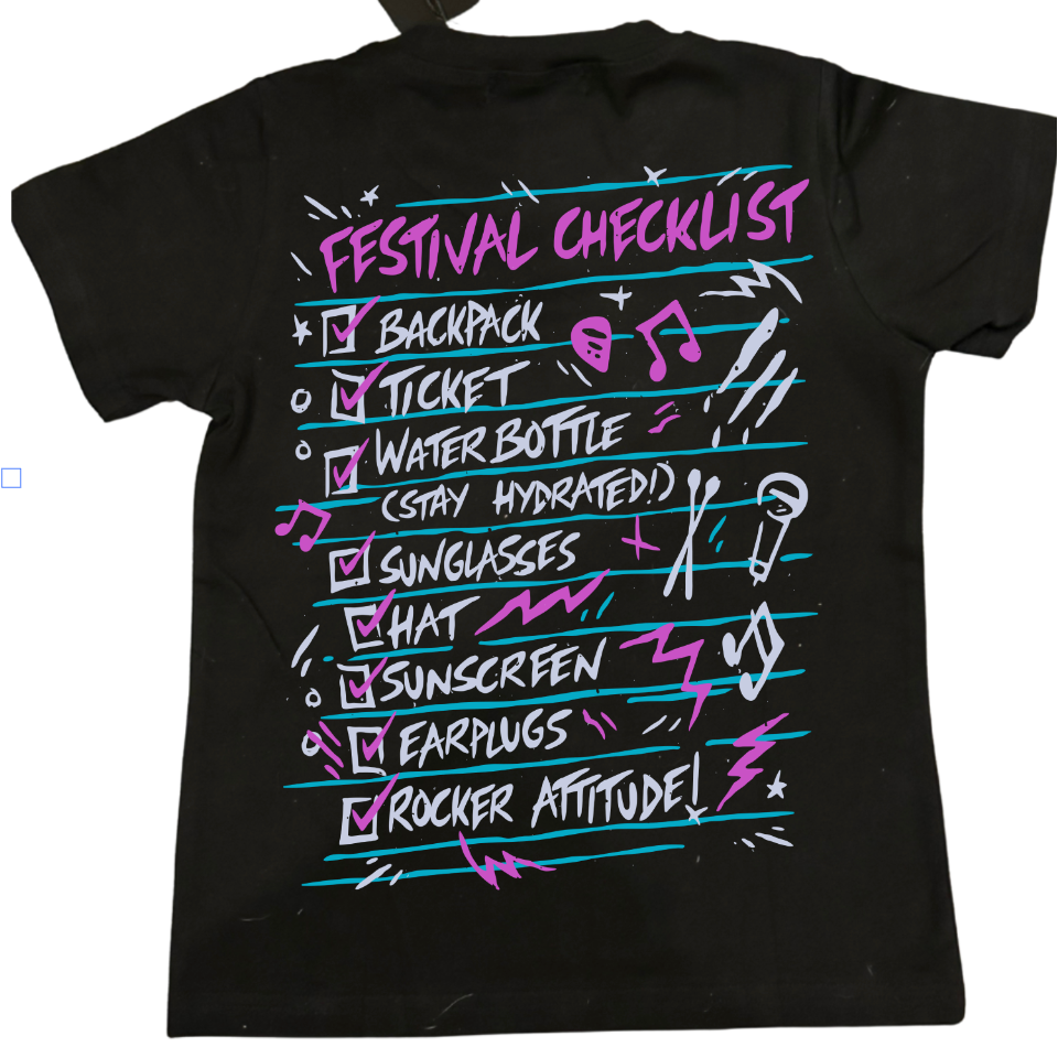Little Rocker Clothing festival checklist shirt for kids featuring concert inspired graphic design, rocker style kids tee with soft comfortable fit, available from infant onesie to size 10/12