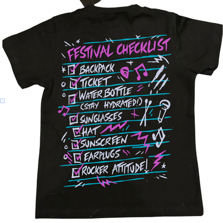 Little Rocker Clothing festival checklist shirt for kids featuring concert inspired graphic design, rocker style kids tee with soft comfortable fit, available from infant onesie to size 10/12