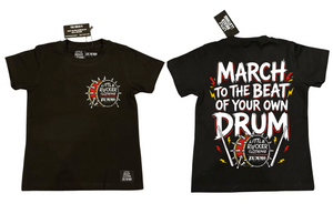 Little Rocker Clothing Frank Zummo Collab shirt featuring march to the beat of your own drum, rocker inspired graphic tee with soft comfortable fit, oversized style available in adult sizes
