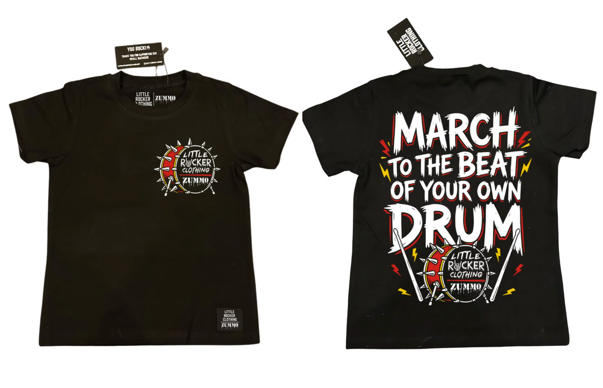 Little Rocker Clothing Frank Zummo Collab shirt featuring march to the beat of your own drum, rocker inspired graphic tee with soft comfortable fit, oversized style available in kid sizes