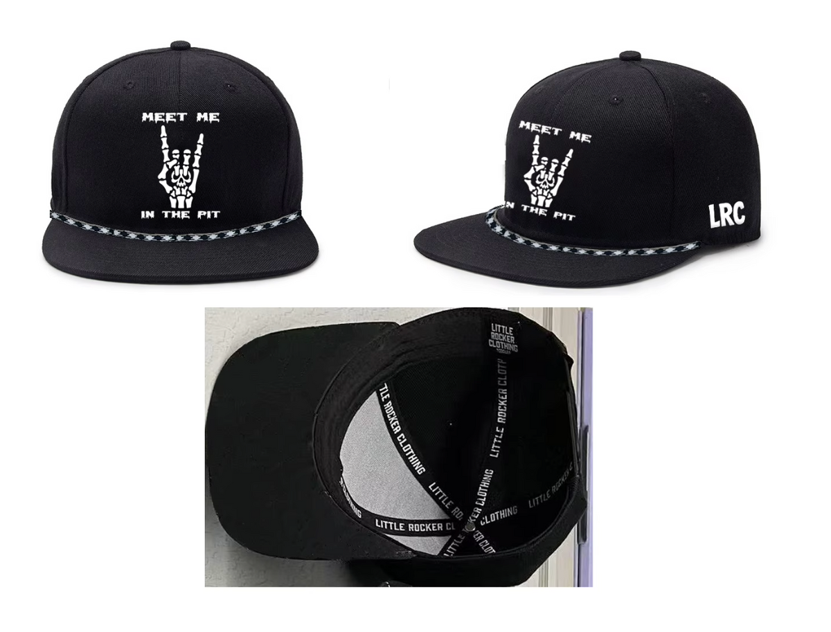 Little Rocker Clothing meet me in the pit black snapback hat, adjustable snapback cap for kids and adults, edgy rock music inspired apparel accessory