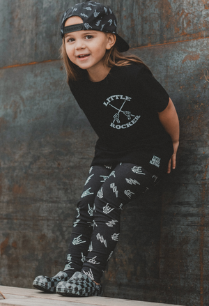black kids graphic t-shirt , little rocker clothing rock style outfit for toddlers and kids with bolted bones black leggings