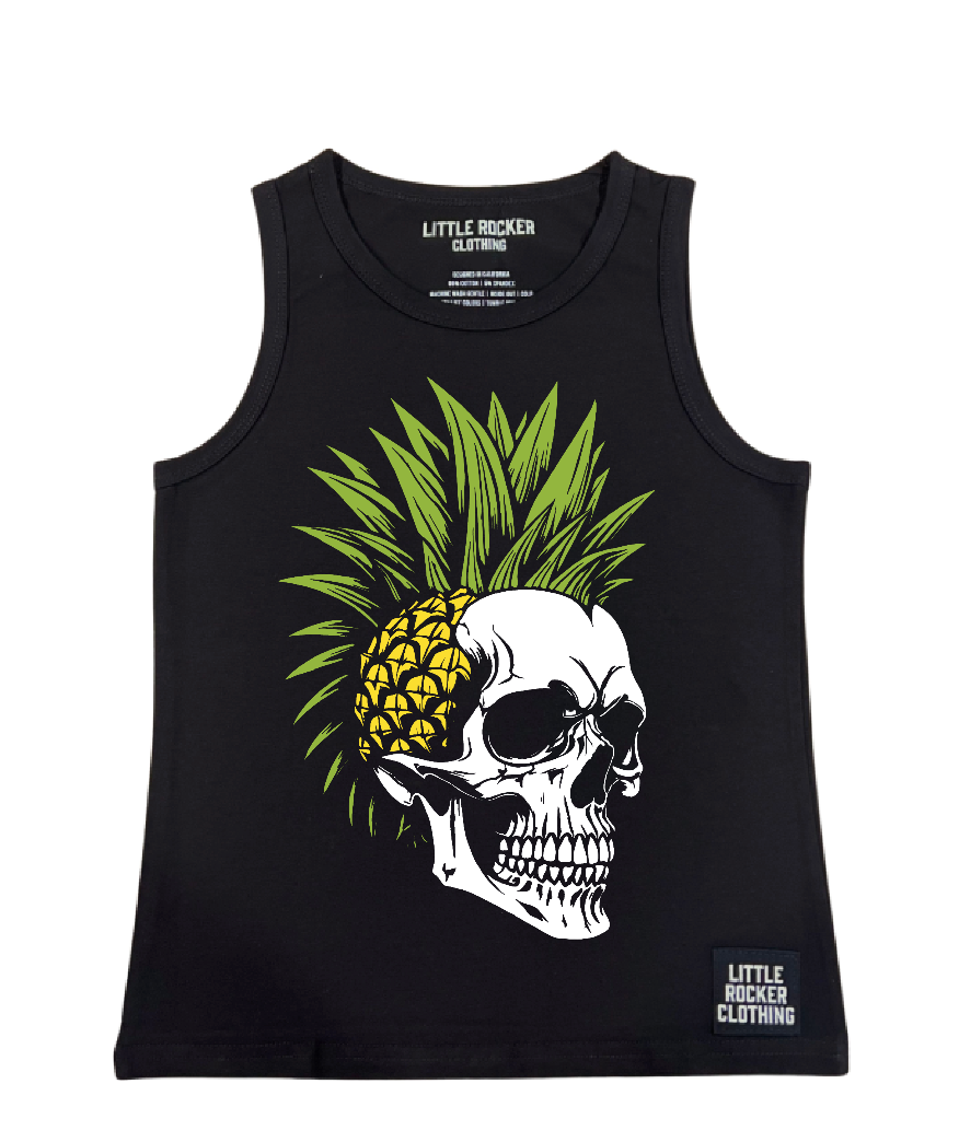 black little rocker clothing tank top with skull with a pineapple head for infertility inspirational rocker design