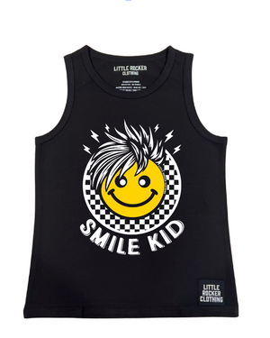 emo inspired black tank top with a checkered smiley face 