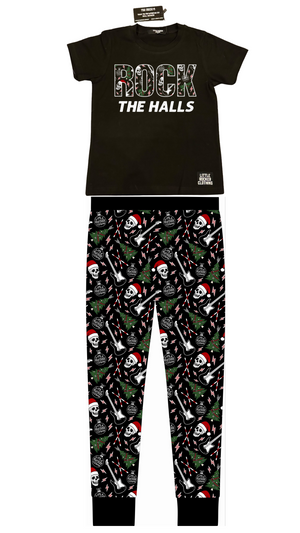 layflat of rock the halls christmas theme black tshirt and matching joggers from little rocker clothing