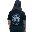women wearing a black graphic t-shirt with sad song club, little rocker clothing rock style outfit for kids and adults