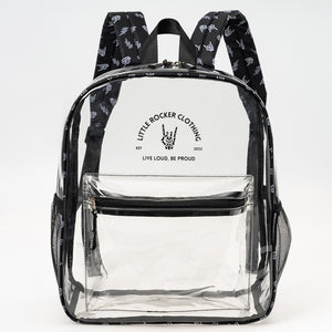 Little Rocker Clothing clear festival approved backpack with spacious main compartment and interior pockets, transparent stadium compliant bag with adjustable straps, edgy functional accessory for concerts and events