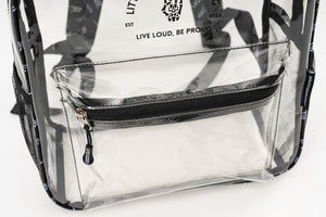 Clear festival approved backpack with spacious main compartment and interior pockets, transparent stadium compliant bag with adjustable straps, edgy functional accessory for concerts and events
