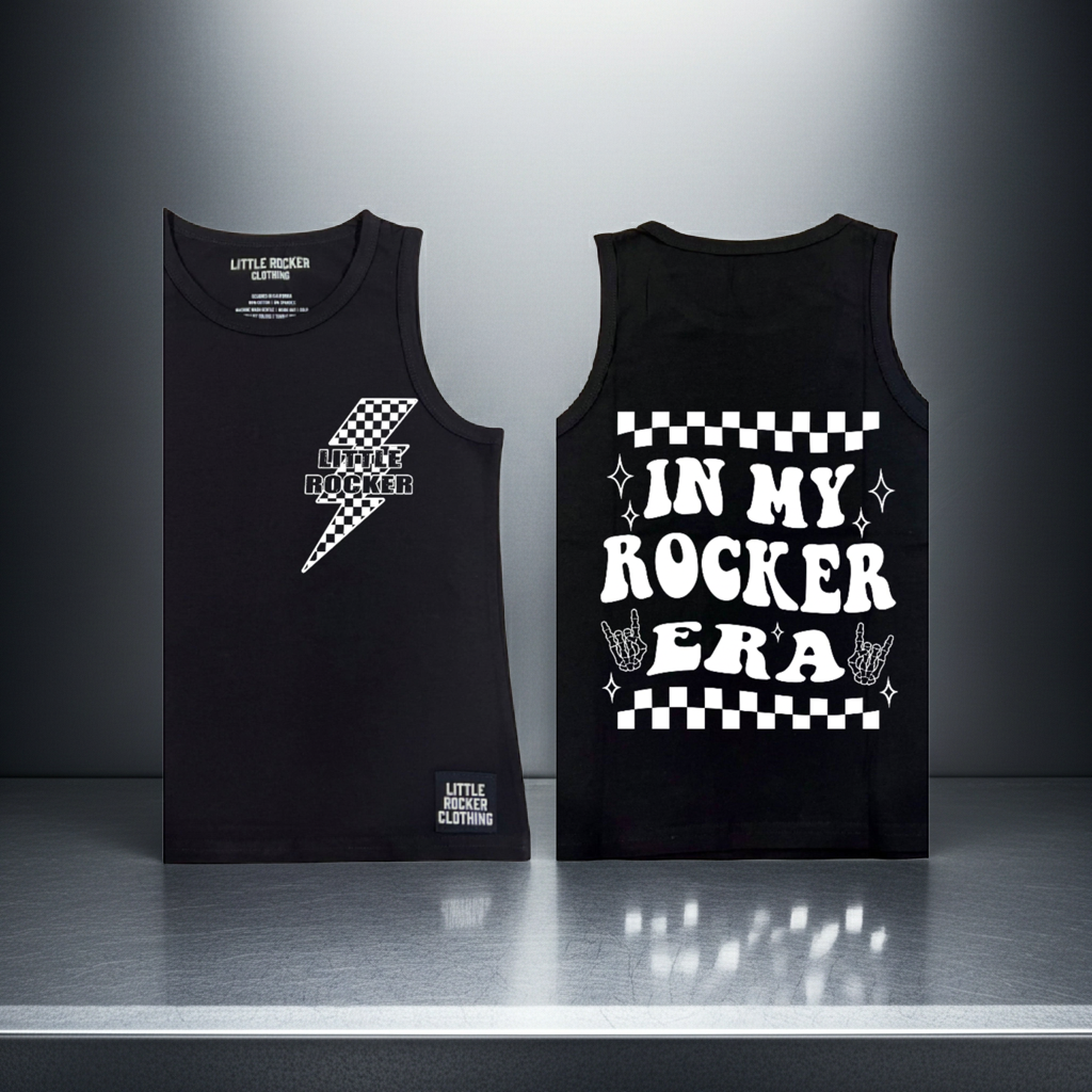 kids black tank top with in my rocker era printed on the back, rocker style summer shirt