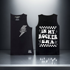 kids black tank top with in my rocker era printed on the back, rocker style summer shirt